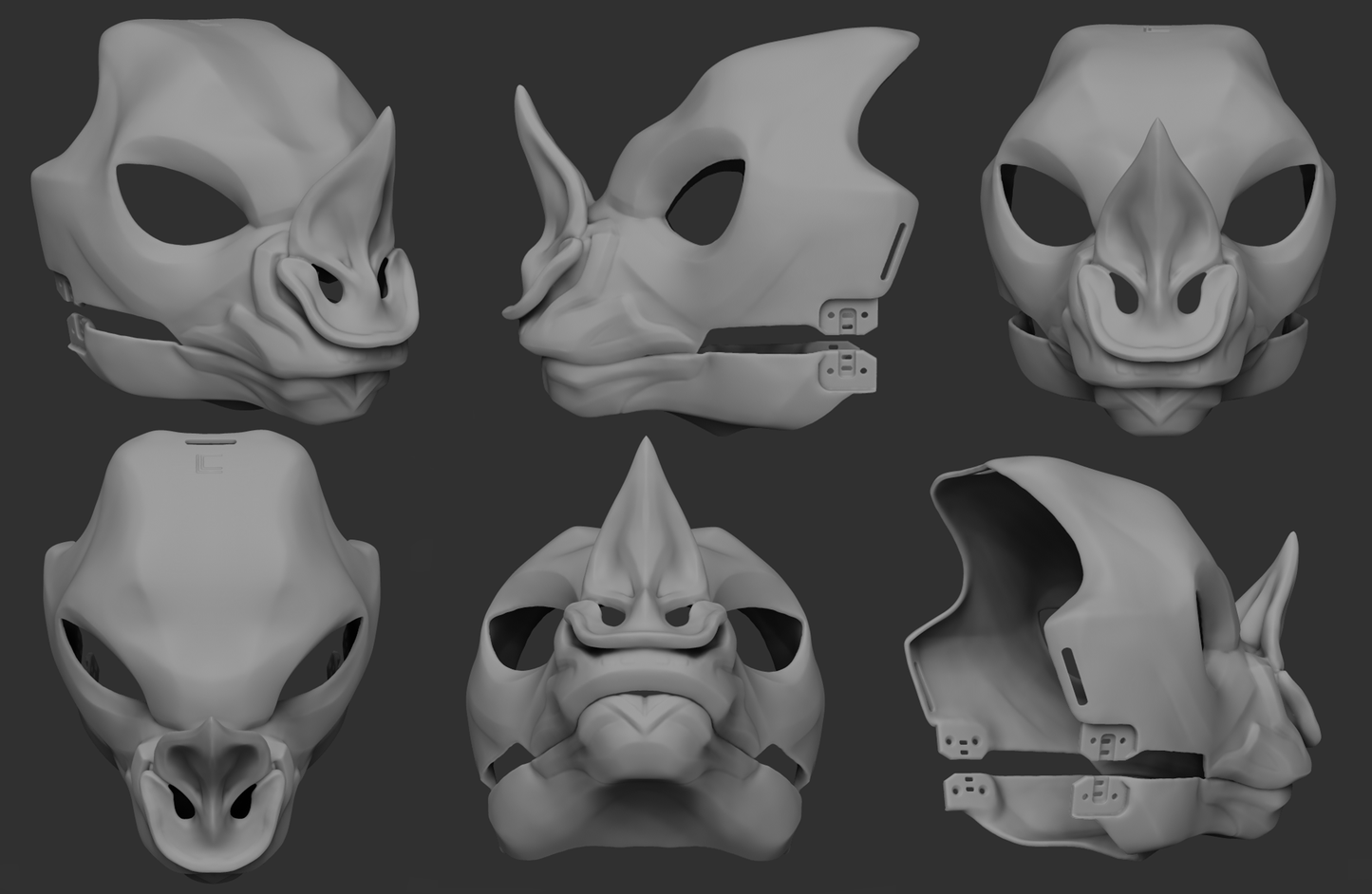 Gray 3D models of a spear-nosed bat mask from different angles on a dark background