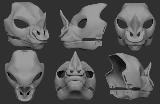 Gray 3D models of a spear-nosed bat mask from different angles on a dark background