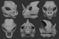 Gray 3D models of a spear-nosed bat mask from different angles on a dark background