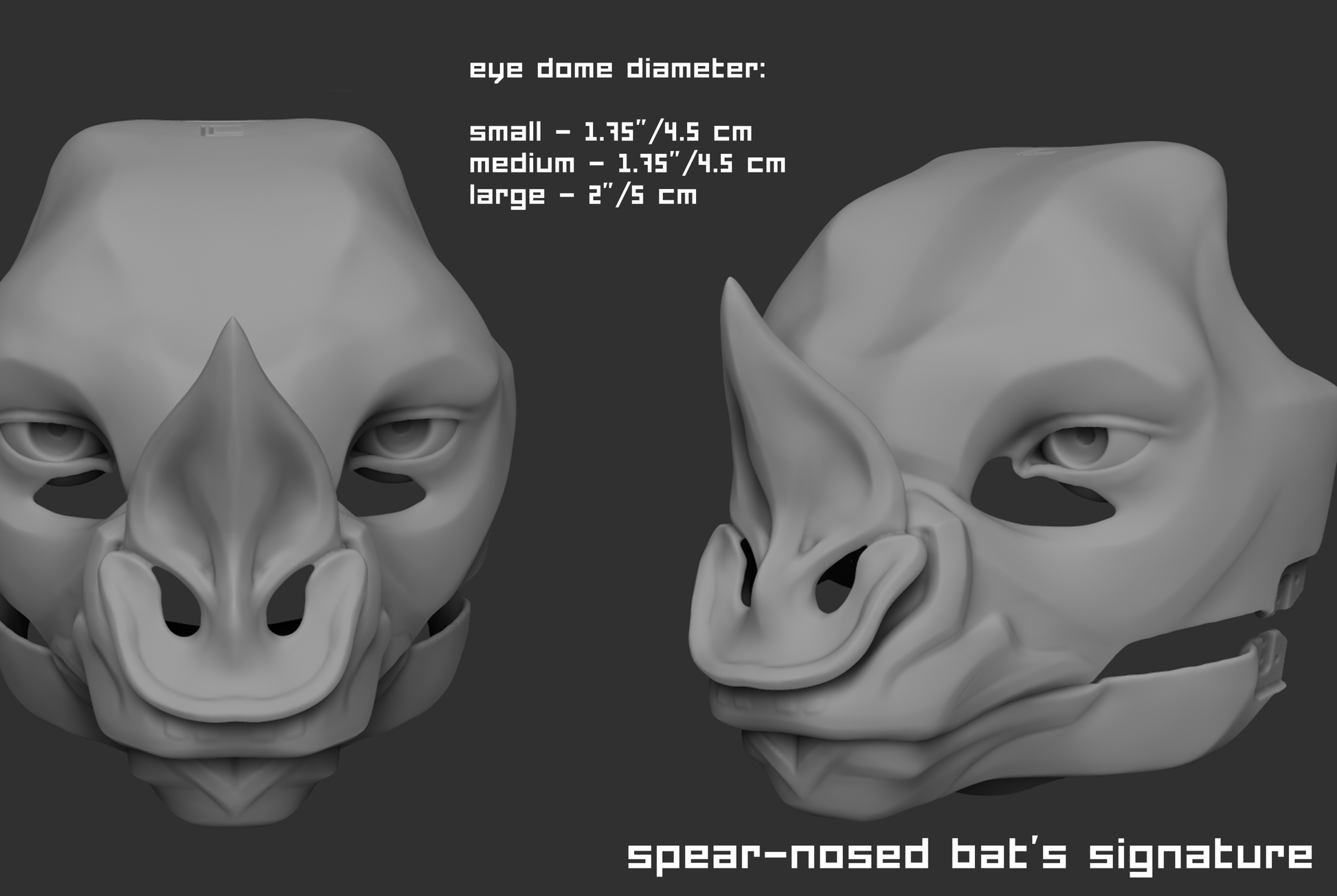 Example of a "signature" humanoid realistic eye style on a 3D model of a spear-nosed bat mask on a dark background