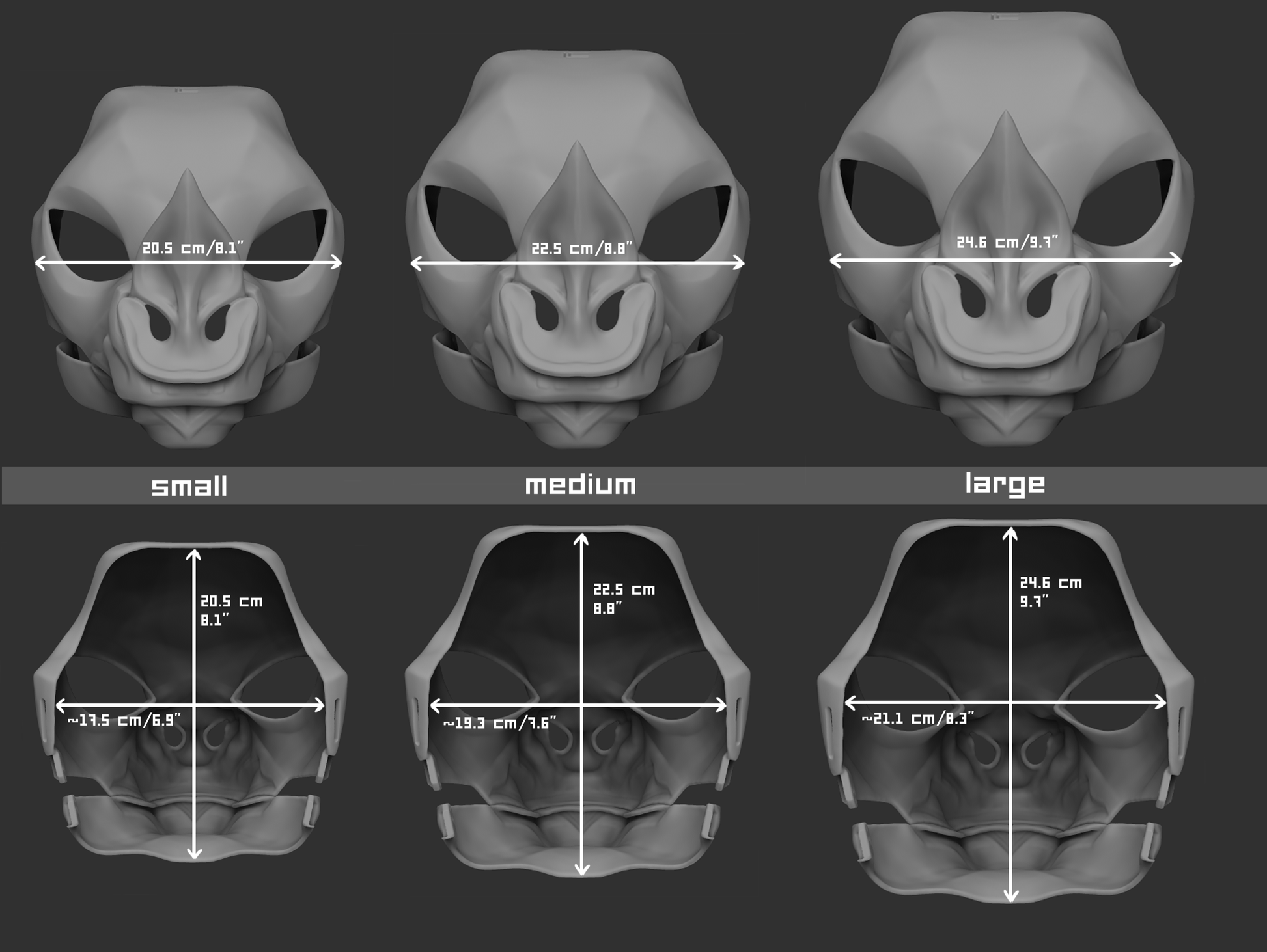 Size chart for a spear-nosed bat mask or fursuit base with measurements labeled for small, medium, and large sizes on a dark background.