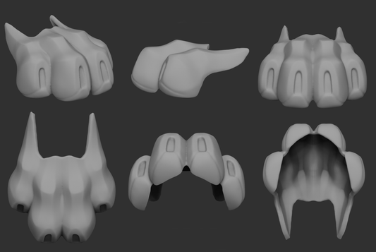 Gray 3D model of a feline or cat paw shoe cover shown from different angles on a dark background