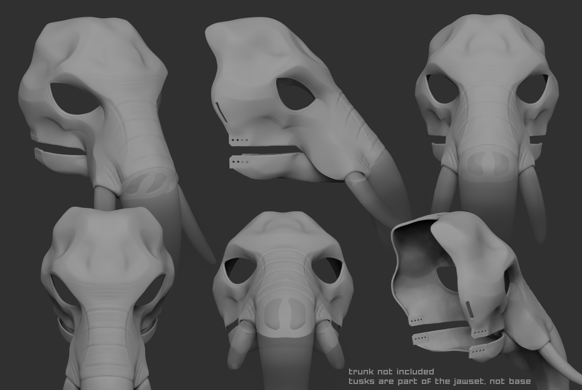 Gray 3D models of an African elephant mask or fursuit base from different angles on a dark background.