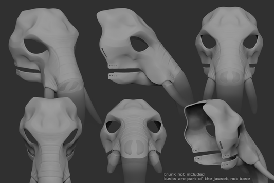 Gray 3D models of an African elephant mask or fursuit base from different angles on a dark background.