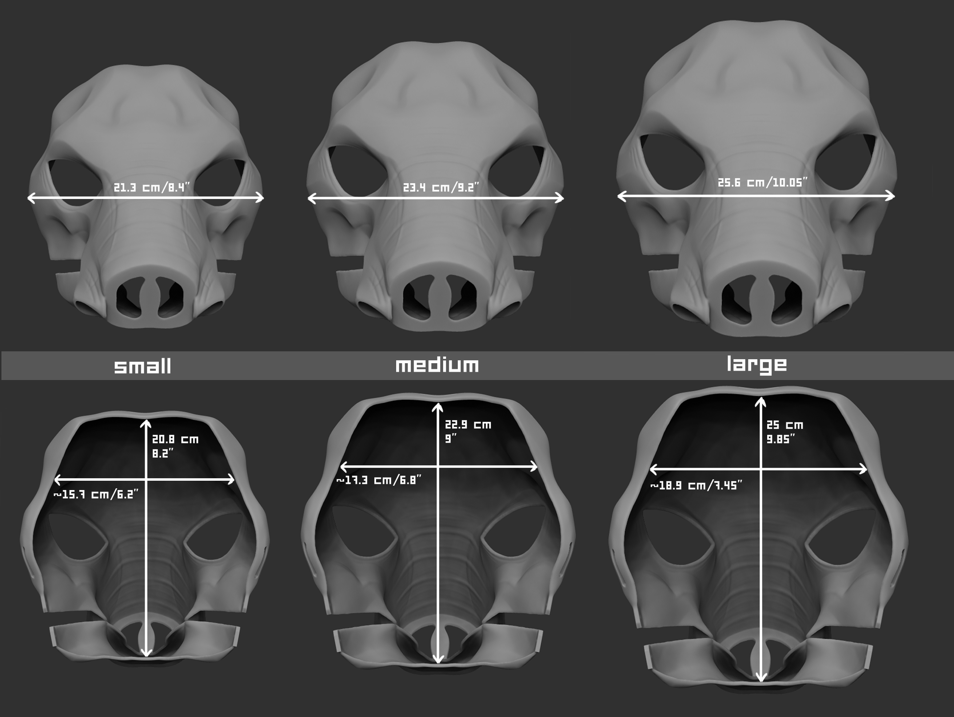Size chart for an African elephant mask or fursuit base with measurements labeled for small, medium, and large sizes on a dark background.
