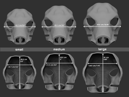 Size chart for an African elephant mask or fursuit base with measurements labeled for small, medium, and large sizes on a dark background.
