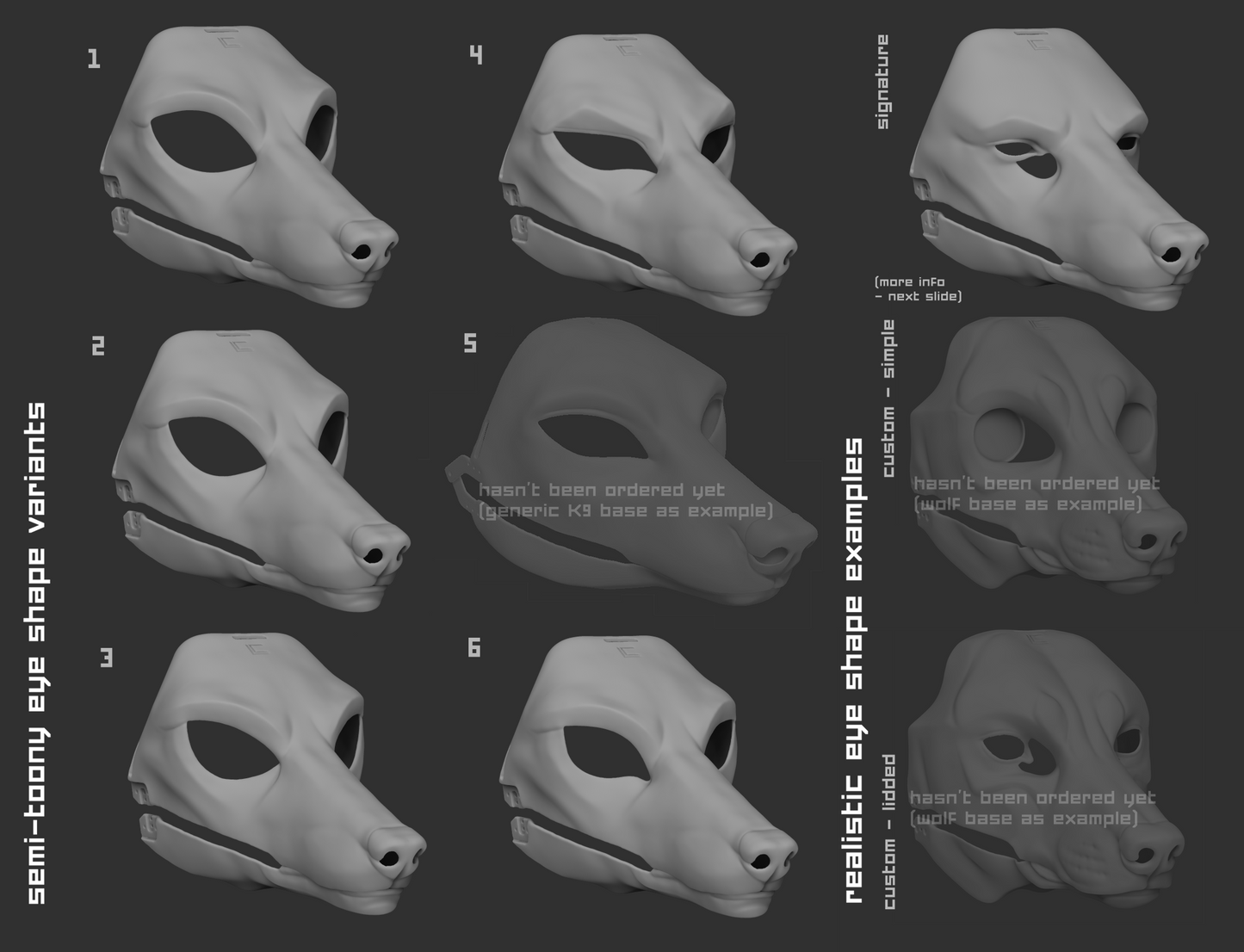 Light grey 3D renderings showcasing the various eye shape variants for an Anubis/Anubian jackal mask or fursuit base on a dark grey background.