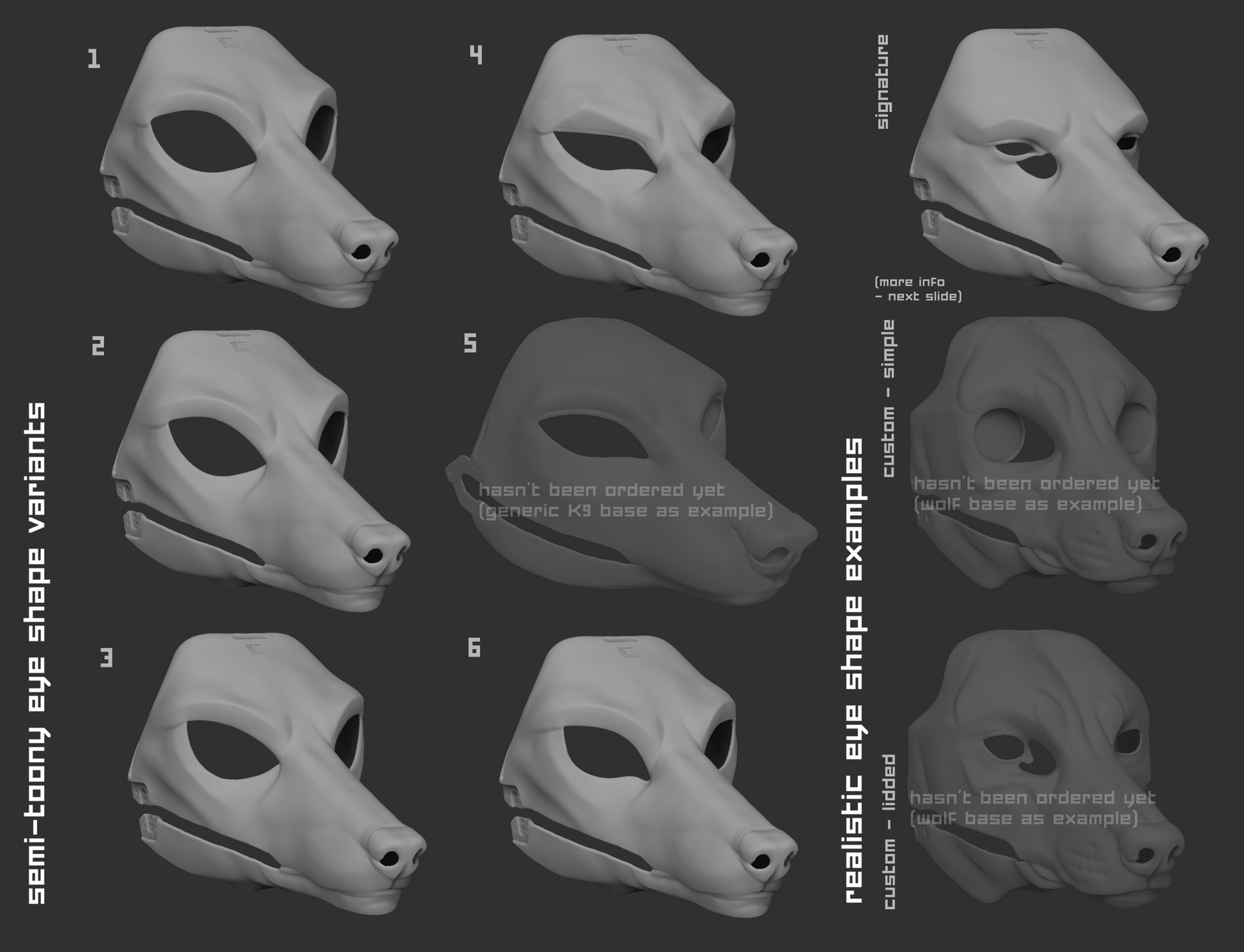 Light grey 3D renderings showcasing the various eye shape variants for an Anubis/Anubian jackal mask or fursuit base on a dark grey background.