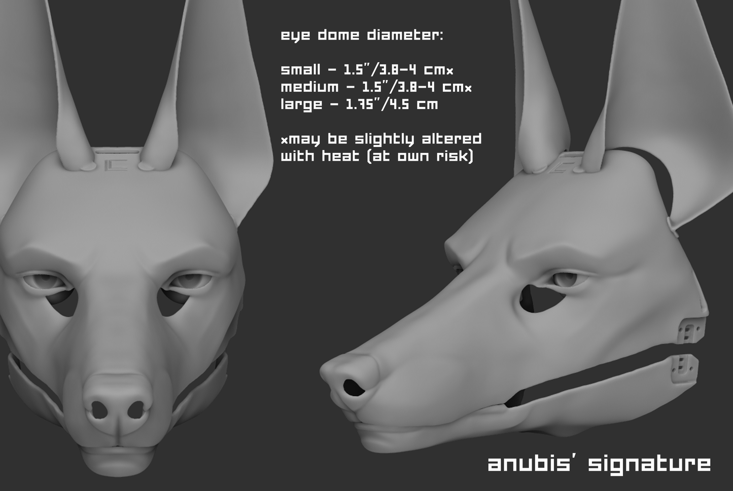 3D rendered example of a "signature" humanoid realistic eye style on an Anubis/Anubian jackal mask or fursuit base on a dark grey background.