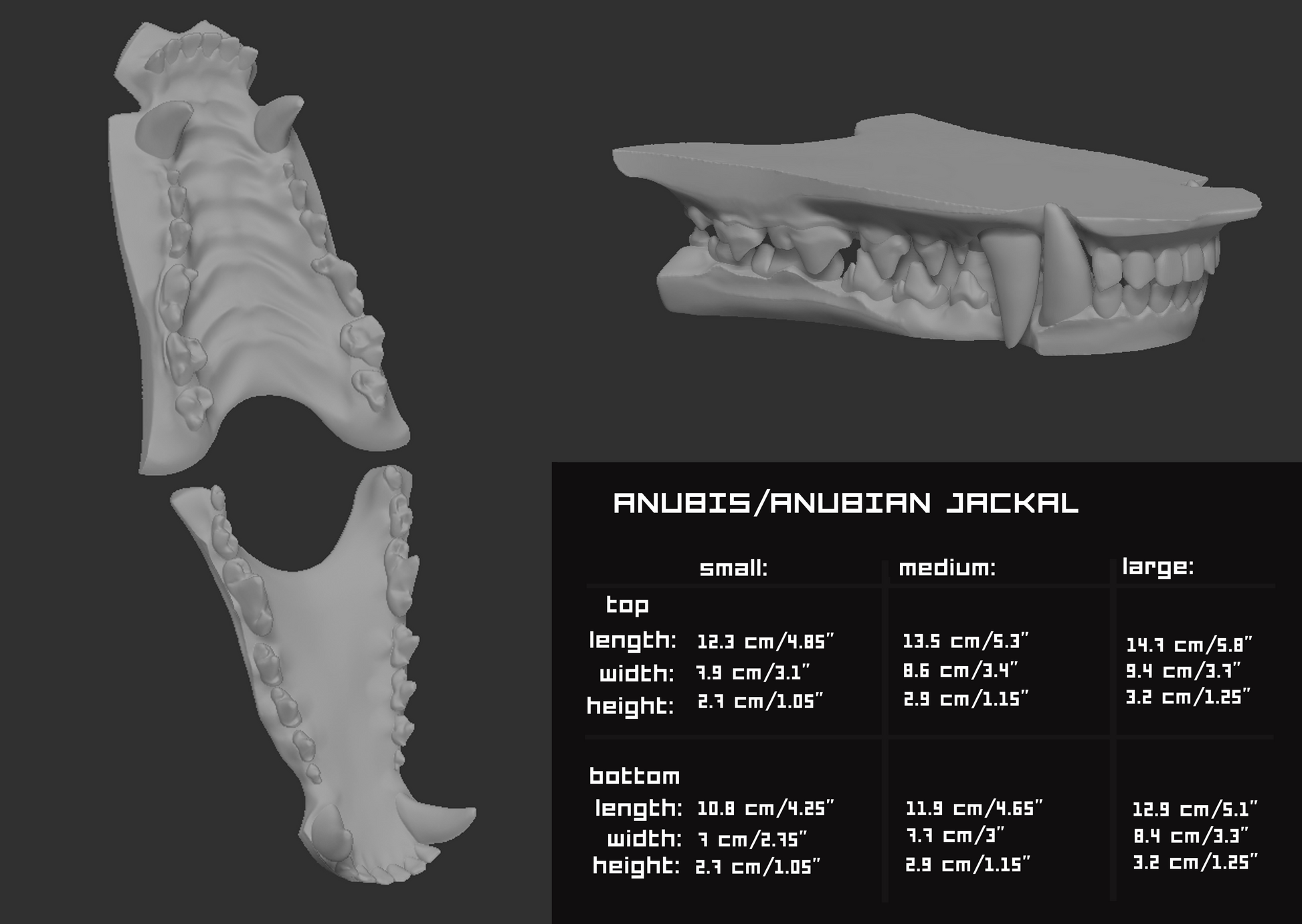 Two light grey 3D renderings of an Anubis jackal fursuit jawset showcasing the jaws open and closed against a dark grey background; a size chart and measurements are shown to the right.