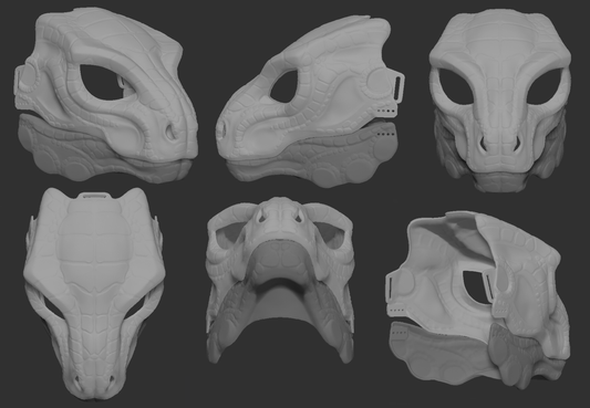 Gray 3D models of an Argonian mask or fursuit base from different angles on a dark background.