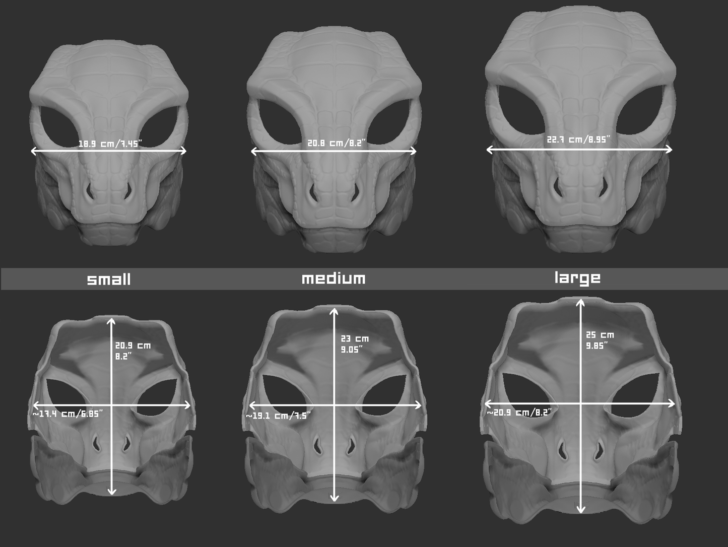 Size chart for an Argonian mask or fursuit base with measurements labeled for small, medium, and large sizes on a dark background.