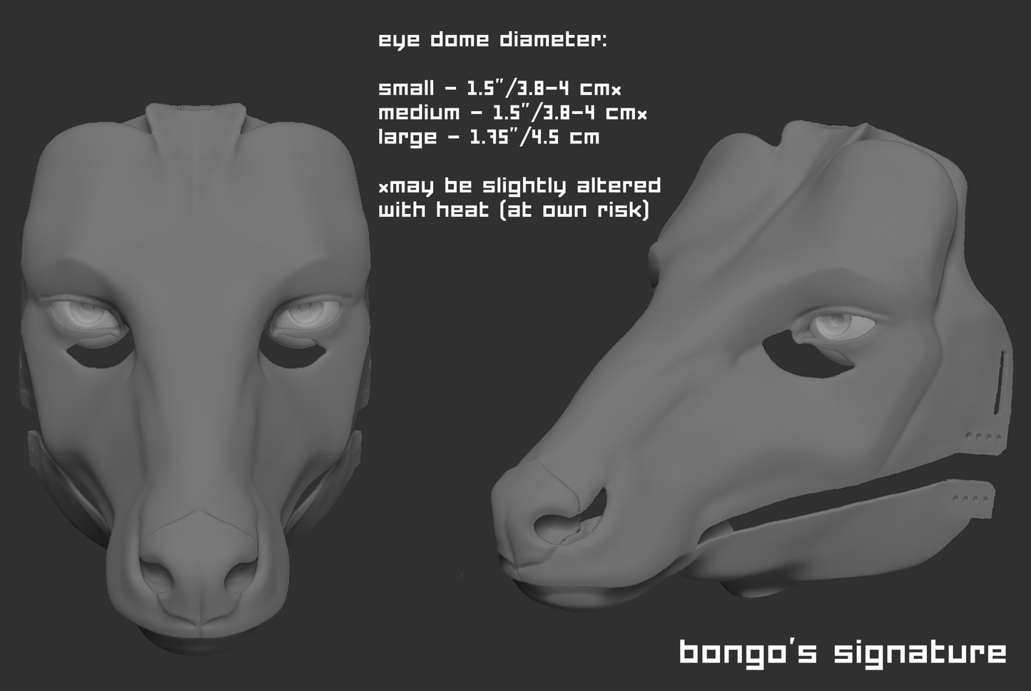 3D rendered example of a "signature" humanoid realistic eye style on a bongo antelope mask or fursuit base on a dark grey background.
