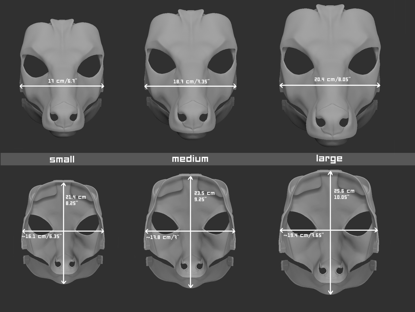 Size chart for a bongo antelope mask or fursuit base featuring three 3D light grey renderings with measurements labeled for small, medium, and large sizes on a dark grey background.