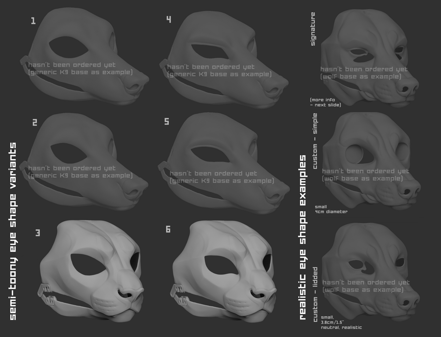 Light grey 3D renderings showcasing the various eye shape variants for a cheetah mask or fursuit base on a dark grey background.