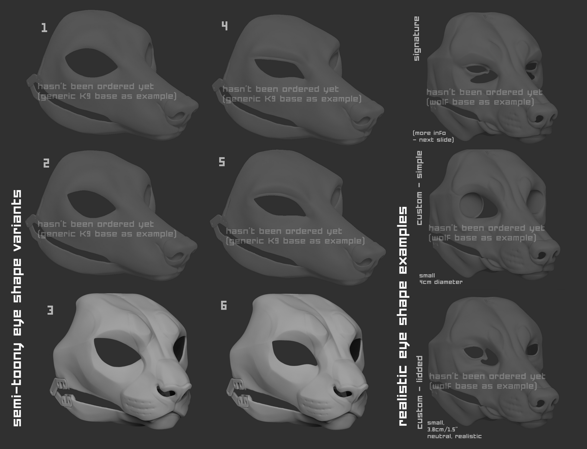 Light grey 3D renderings showcasing the various eye shape variants for a cheetah mask or fursuit base on a dark grey background.