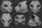 A collection of 3D rendered, light grey images showing different angles of a cheetah head base designed for fursuits, displaying the front, side, and back views against a dark grey background.