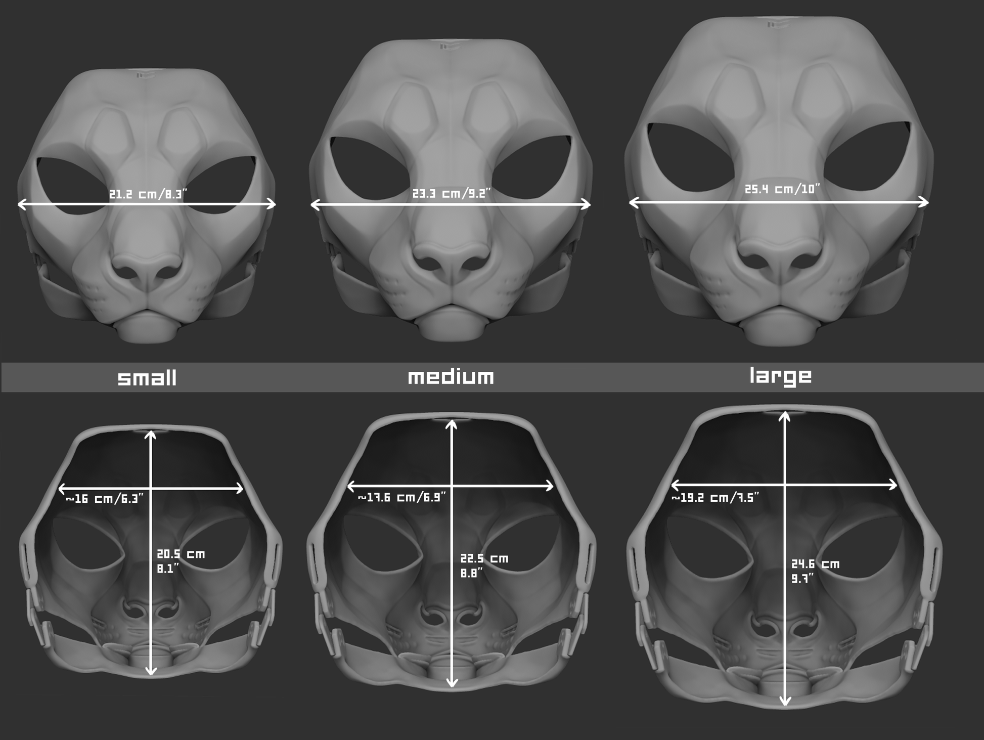 Size chart for a cheetah mask or fursuit base featuring three 3D light grey renderings with measurements labeled for small, medium, and large sizes on a dark grey background.