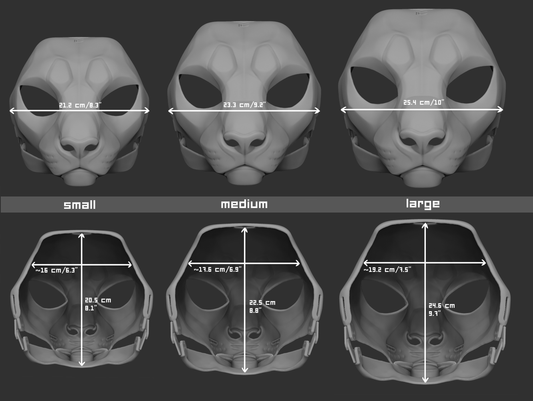 Size chart for a cheetah mask or fursuit base featuring three 3D light grey renderings with measurements labeled for small, medium, and large sizes on a dark grey background.