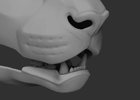 A 3D rendering of a cheetah fursuit jawset with detailed teeth in a light grey color, showcasing fit in a fursuit base and shown against a dark grey background.