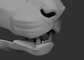 A 3D rendering of a cheetah fursuit jawset with detailed teeth in a light grey color, showcasing fit in a fursuit base and shown against a dark grey background.