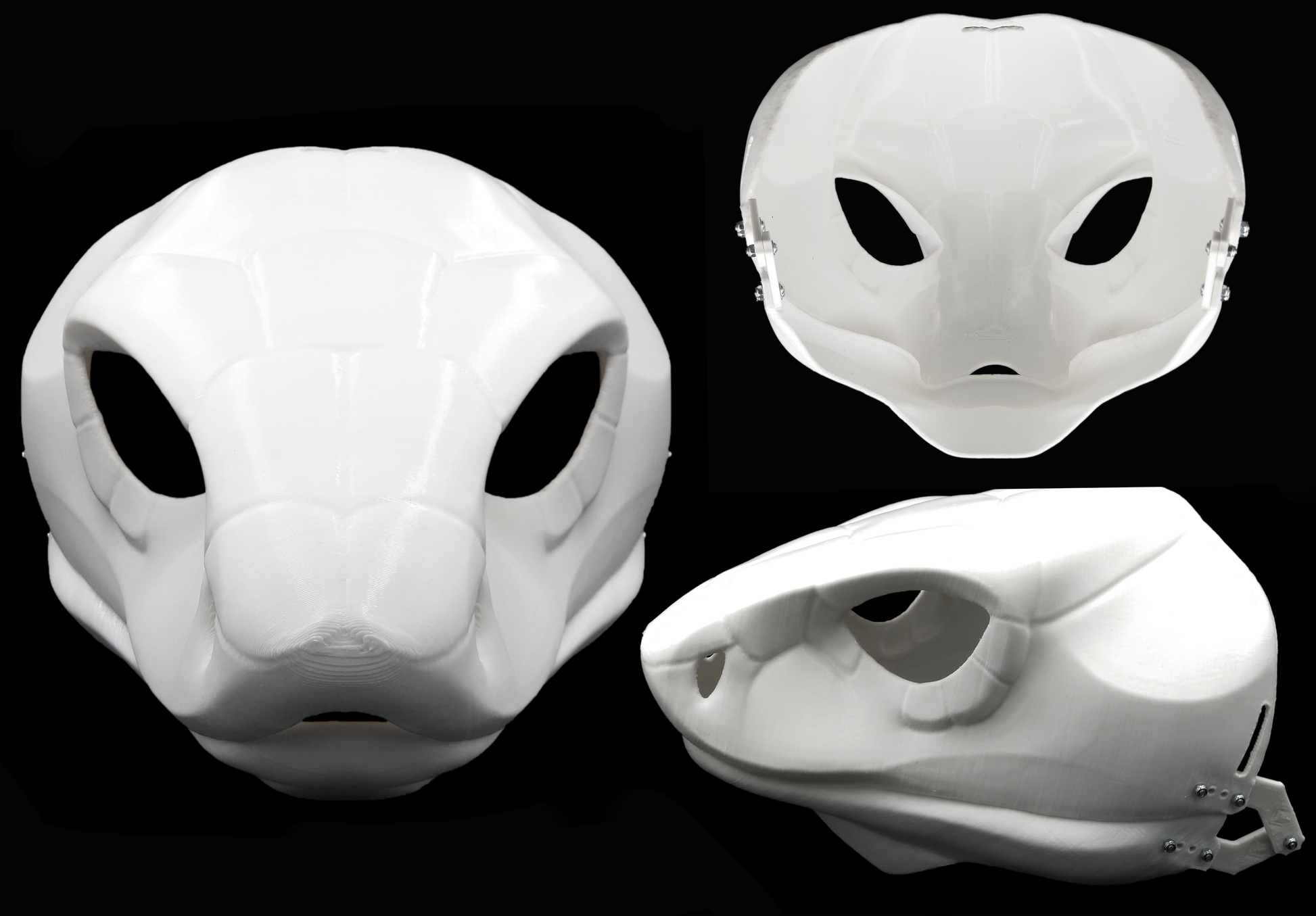 Photo collage showing a white, plastic 3D printed cobra snake fursuit head base complete with metal hardware featuring a front, side, and back view against a black background.