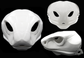 Photo collage showing a white, plastic 3D printed cobra snake fursuit head base complete with metal hardware featuring a front, side, and back view against a black background.