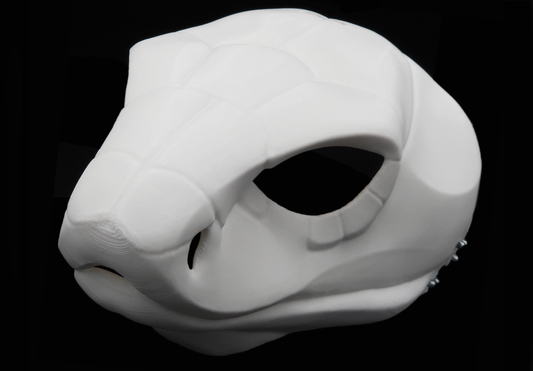 Photo showing a white, plastic 3D printed cobra snake fursuit head base complete with metal hardware at a 3/4 angle against a black background.
