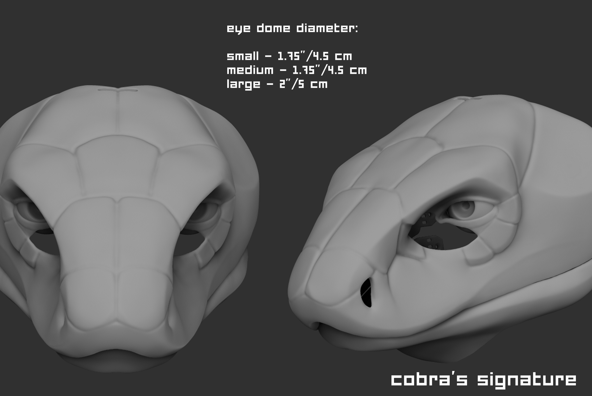 Example of a "signature" humanoid realistic eye style on a 3D model of a cobra snake mask or fursuit base on a dark background.