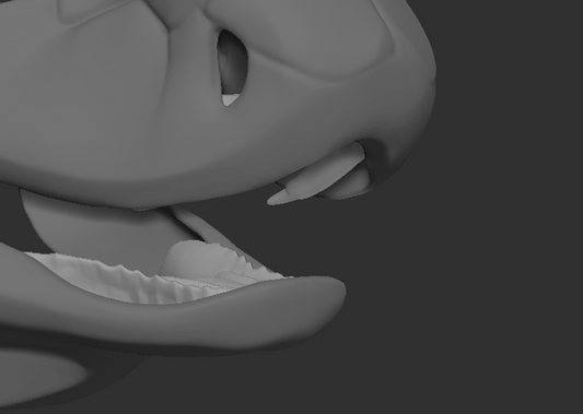 Gray 3D model of a cobra snake's head with open mouth showing teeth/jawset on a dark background.