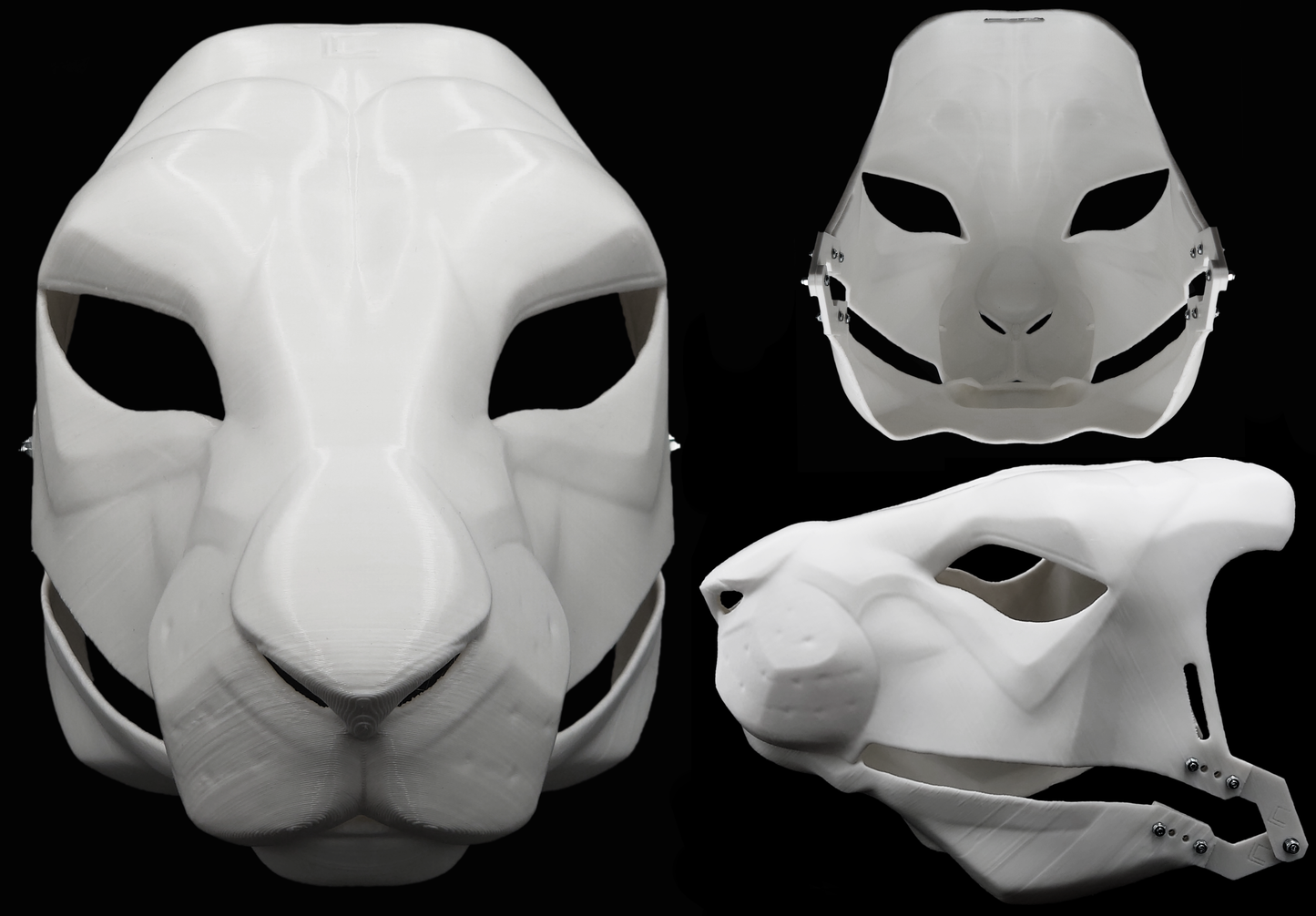 Photo collage showing a white, plastic 3D printed hare fursuit head base complete with metal hardware featuring a front, side, and back view against a black background.