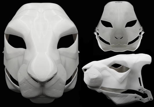 Photo collage showing a white, plastic 3D printed hare fursuit head base complete with metal hardware featuring a front, side, and back view against a black background.