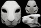Photo collage showing a white, plastic 3D printed hare fursuit head base complete with metal hardware featuring a front, side, and back view against a black background.