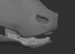A 3D rendering of a cow fursuit jawset with detailed teeth in a light grey color, showcasing fit in a fursuit base and shown against a dark grey background.