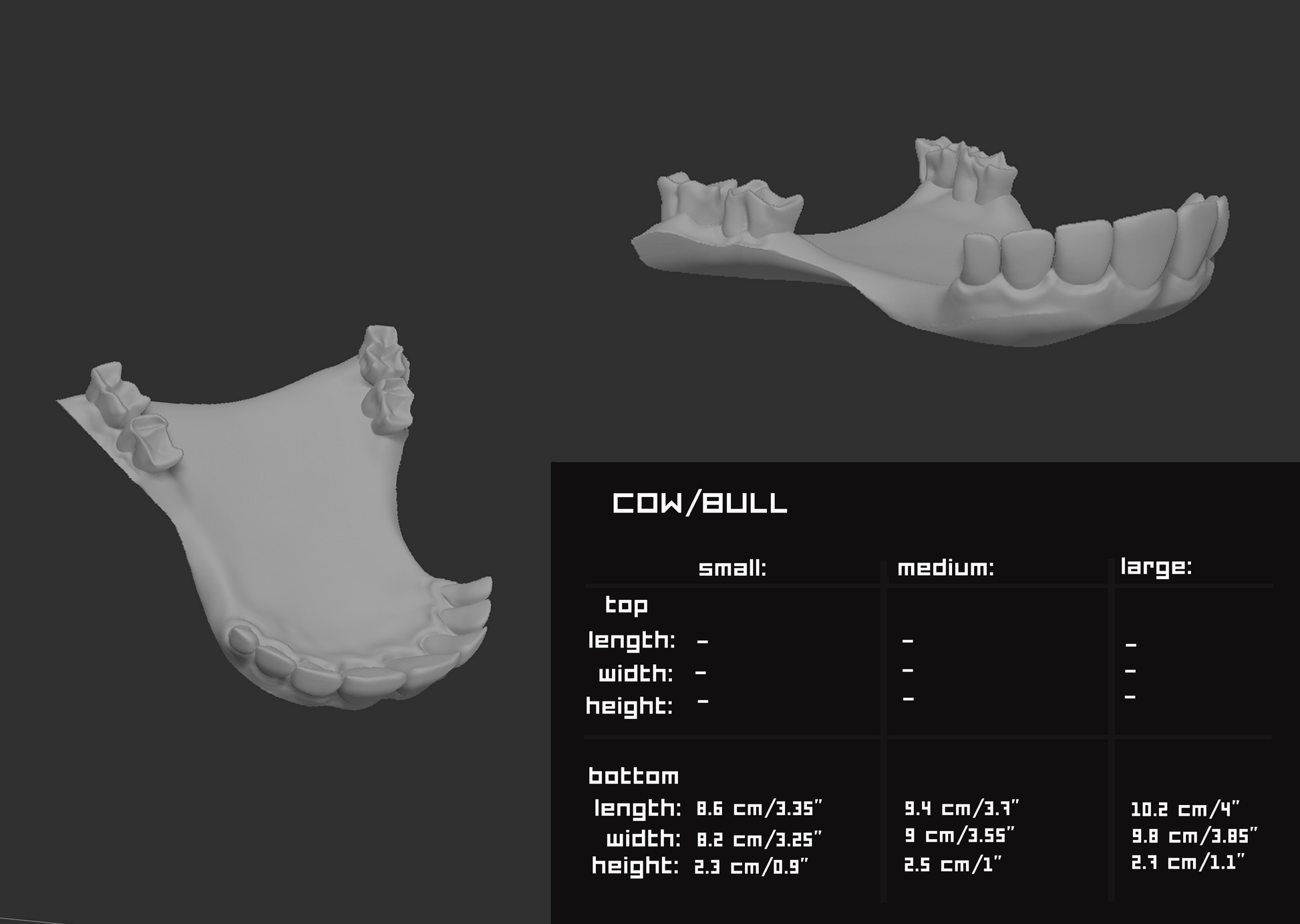 Two light grey 3D renderings of a cow fursuit jawset showcasing the jaws open and closed against a dark grey background; a size chart and measurements are shown to the right.