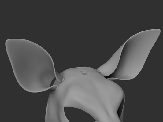 3D rendered image of a pair of deer TPU ears for fursuit or mask, showing the shape and fit on fursuit base.