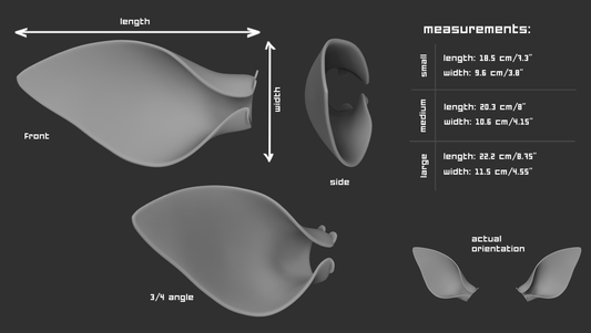 Size chart for deer ear accessory for a mask or fursuit with measurements labeled for small, medium, and large sizes on a dark background.