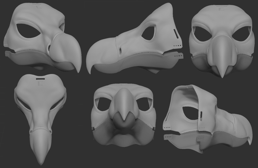 A collection of 3D rendered, light grey images showing different angles of a dodo bird head base designed for fursuits, displaying the front, side, and back views against a dark grey background.