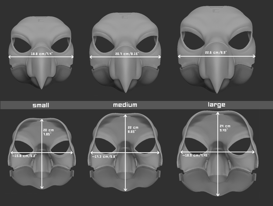 Size chart for a dodo bird mask or fursuit base featuring three 3D light grey renderings with measurements labeled for small, medium, and large sizes on a dark grey background.