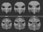 Size chart for a dodo bird mask or fursuit base featuring three 3D light grey renderings with measurements labeled for small, medium, and large sizes on a dark grey background.