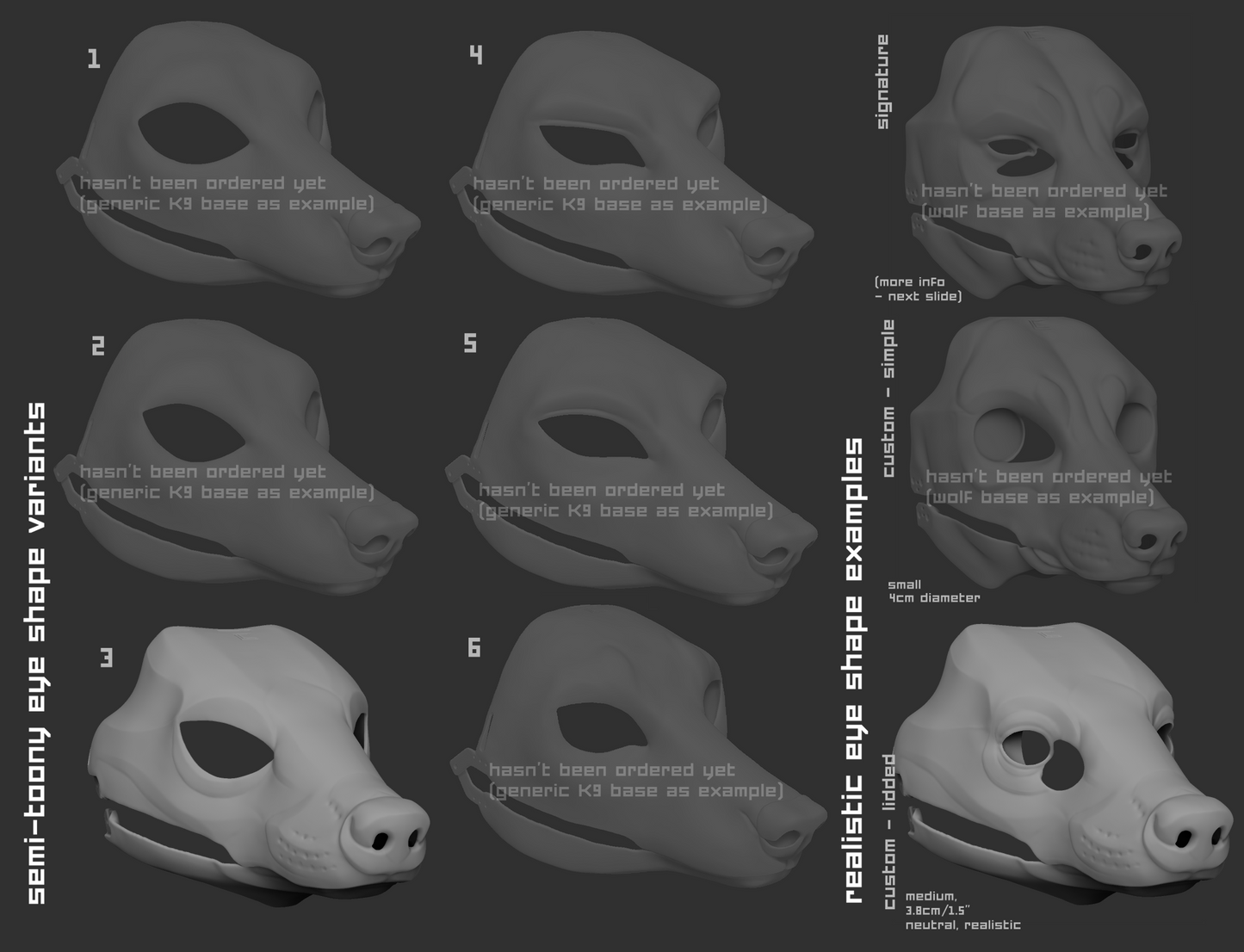 Light grey 3D renderings showcasing the various eye shape variants for a badger mask or fursuit base on a dark grey background.