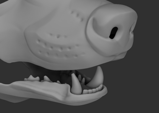 A 3D rendering of a badger fursuit jawset with detailed teeth in a light grey color, showcasing fit in a fursuit base and shown against a dark grey background.