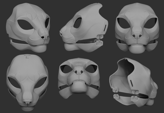 A collection of 3D rendered, light grey images showing different angles of a feminine Khajiit head base designed for fursuits and cosplays, displaying the front, side, and back views against a dark grey background.
