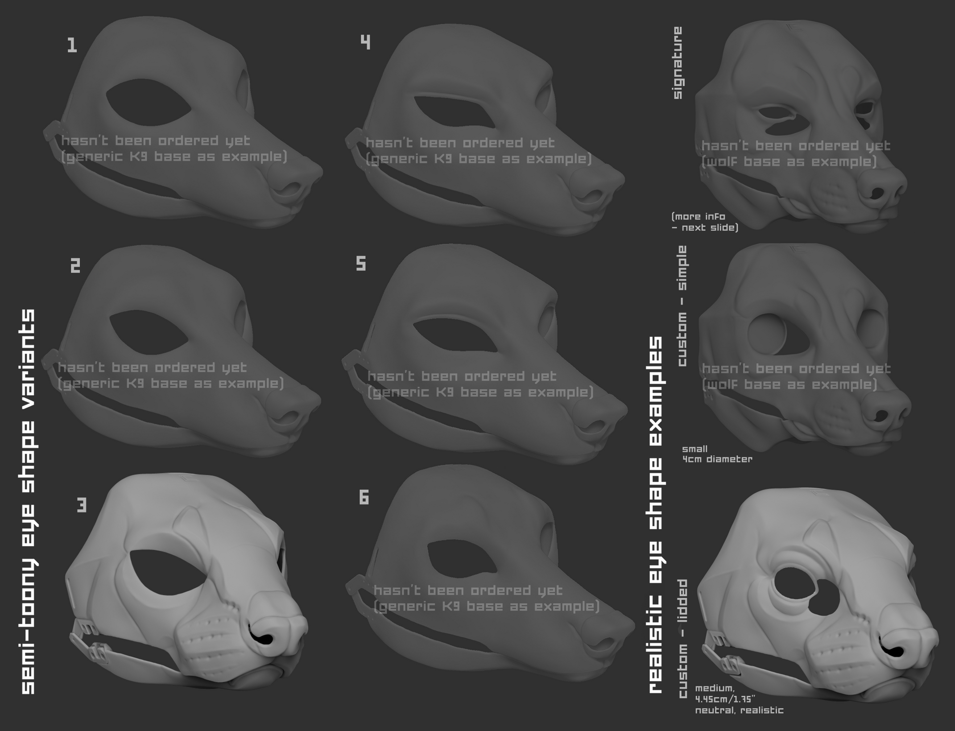 Various eye shape variants for a ferret mask or fursuit base on a dark background.