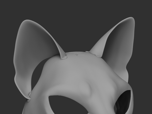 3D rendered image of a pair of fox TPU ears for fursuit or mask, showing the shape and fit on fursuit base.