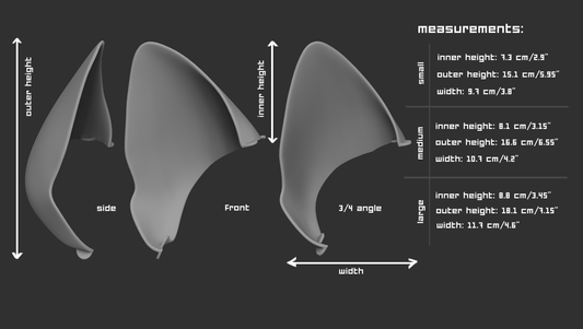 Size chart for fox ear accessory for a mask or fursuit with measurements labeled for small, medium, and large sizes on a dark background.
