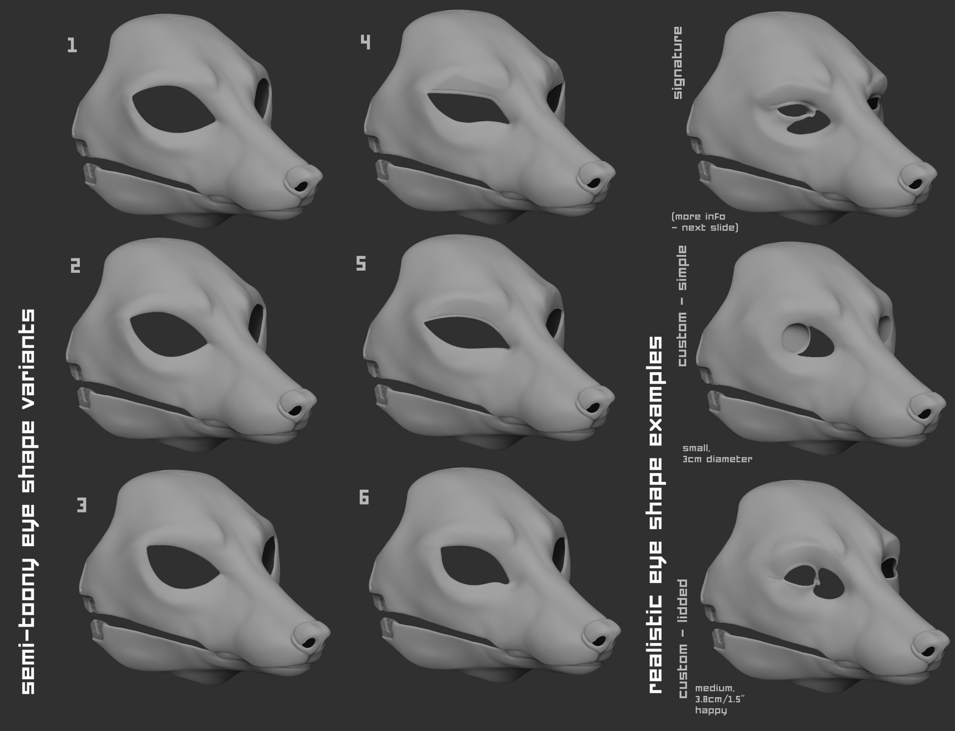 Light grey 3D renderings showcasing the various eye shape variants for a fox mask or fursuit base on a dark grey background.