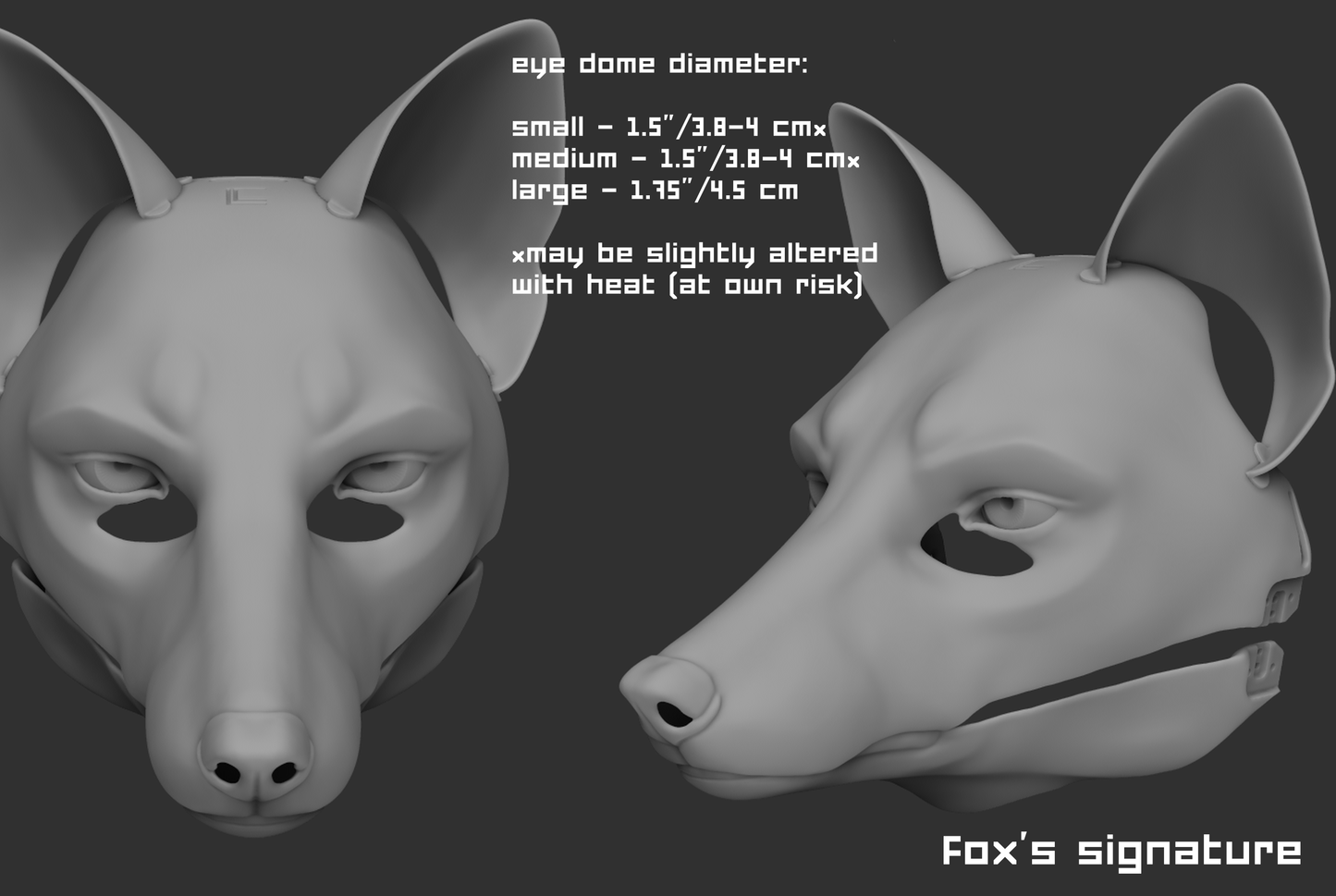 3D rendered example of a "signature" humanoid realistic eye style on a fox mask or fursuit base on a dark grey background.