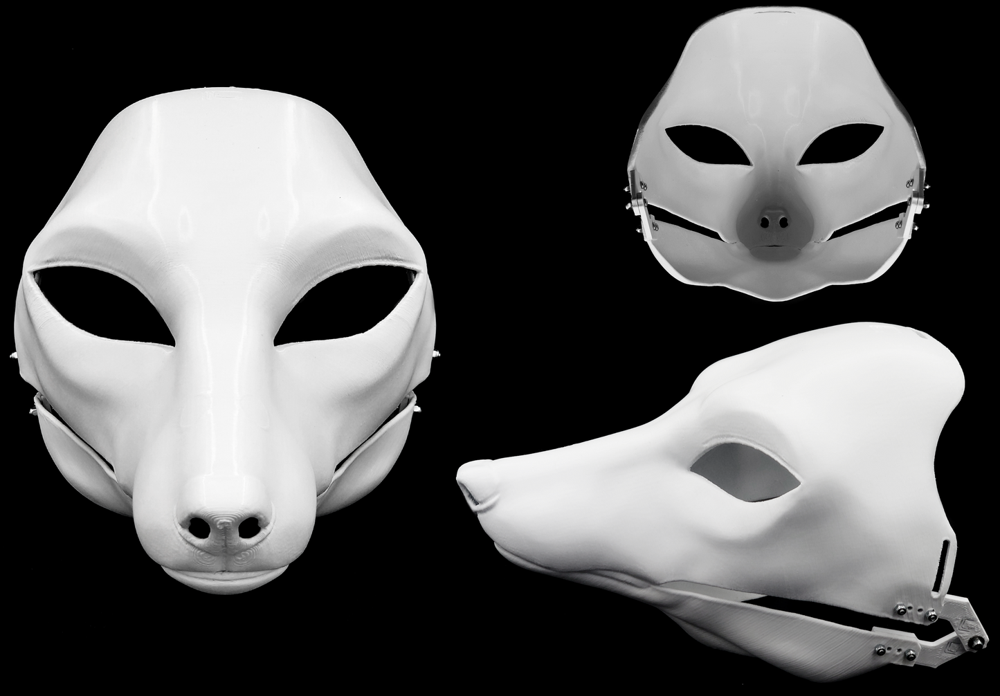 Photo collage showing a white, plastic 3D printed fox fursuit head base complete with metal hardware featuring a front, side, and back view against a black background.