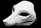 Photo showing a white, plastic 3D printed fox fursuit head base complete with metal hardware at a 3/4 angle against a black background.